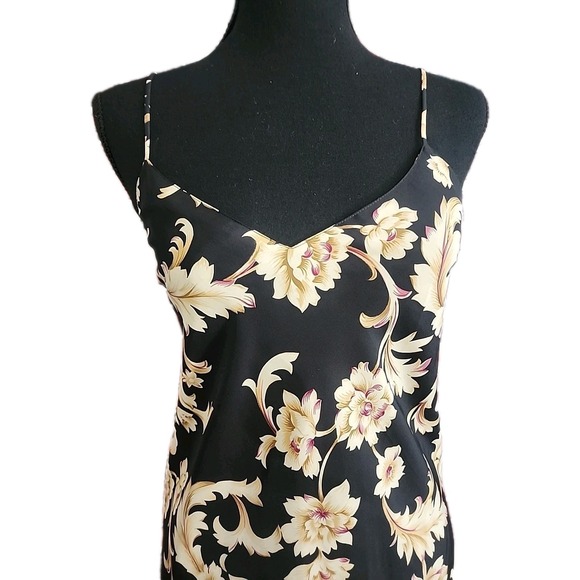 Vintage 90s Womens Floral Maxi Slip Dress Whimsigoth Fairy Black Gold‎ Linda Med - Picture 2 of 8